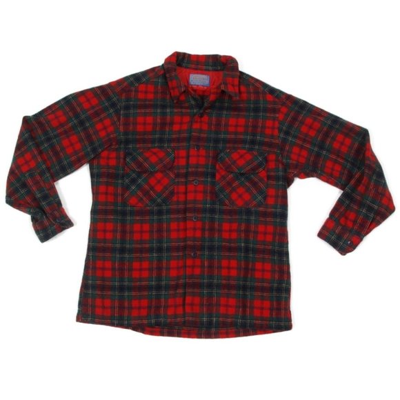 Vintage 60s PENDLETON Mens Board Shirt Plaid Red Green Loop Collar size L /014 - Picture 1 of 4